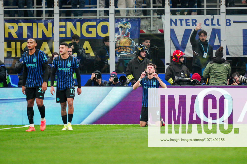 Inter Milans Petar Sucic celebrates after scoring goal for his team during the Uefa Champions League soccer match between Inter and Arsenal at the San Siro Stadium in Milan , north Italy - Tuesday , January 20, 2026. - Soccer .