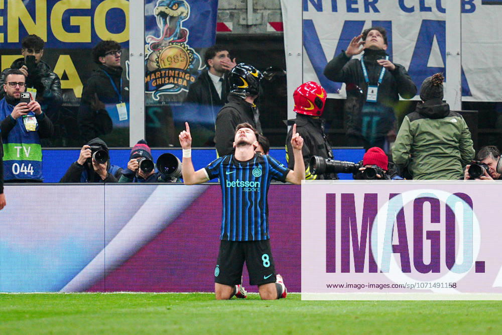 Inter Milans Petar Sucic celebrates after scoring goal for his team during the Uefa Champions League soccer match between Inter and Arsenal at the San Siro Stadium in Milan , north Italy - Tuesday , January 20, 2026. - Soccer .
