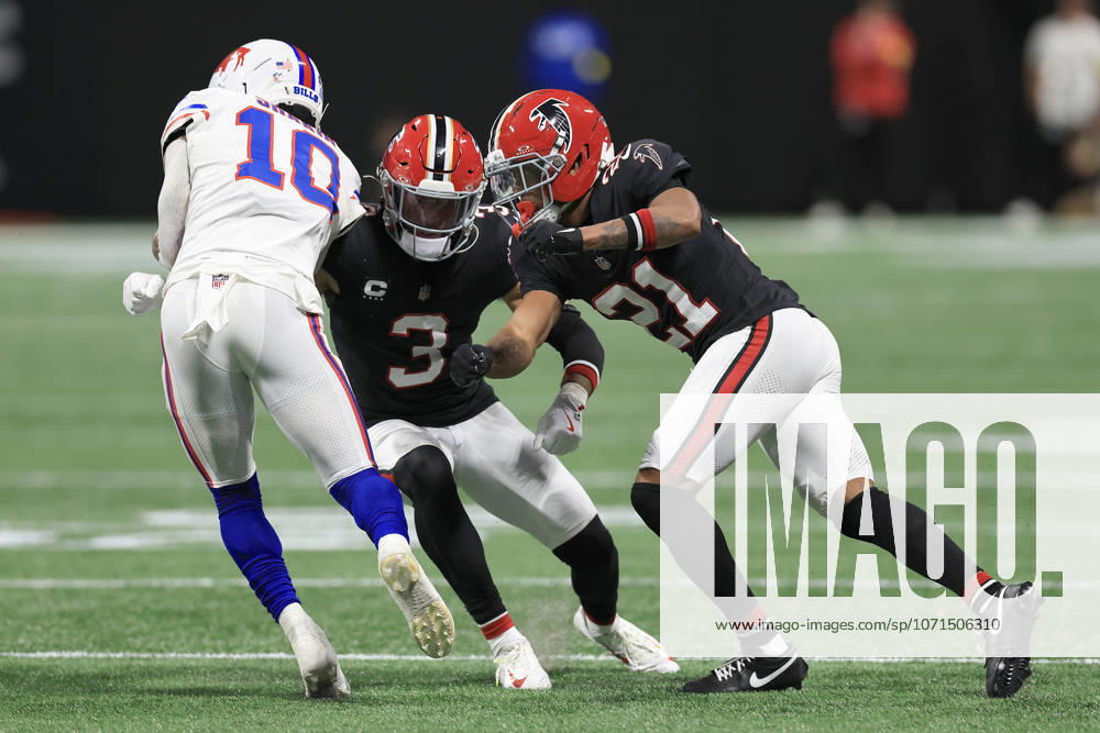 ATLANTA, GA - OCTOBER 13: Jessie Bates (3) of the Atlanta Falcons and Mike Hughes (21) tackle Khalil Shakir (10) of the Buffalo Bills during the Monday night NFL, American Football Herren, USA football game between the Buffalo Bills and the Atlanta Falcons on October 13, 2025 at Mercedes-Benz Stadium in Atlanta, Georgia. (Photo by David J. Griffin Icon Sportswire) NFL: OCT 13 Bills at Falcons Icon9532510131344