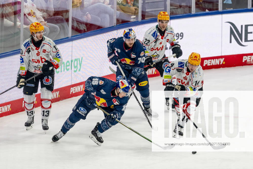 Kampf um den Puck Zweikampf zwischen Nikolaus Heigl (EHC Red Bull Muenchen, 15) und Ross Mauermann (Fischtown Pinguins Bremerhaven, 14) GER, EHC Red Bull Muenchen vs. Fischtown Pinguins Bremerhaven, Eishockey, DEL, 42. Spieltag, Saison 2025 2026, 23.01.2026. GER, EHC Red Bull Muenchen vs. Fischtown Pinguins Bremerhaven, Eishockey, DEL, 42. Spieltag, Saison 2025 2026, 23.01.2026. Muenchen