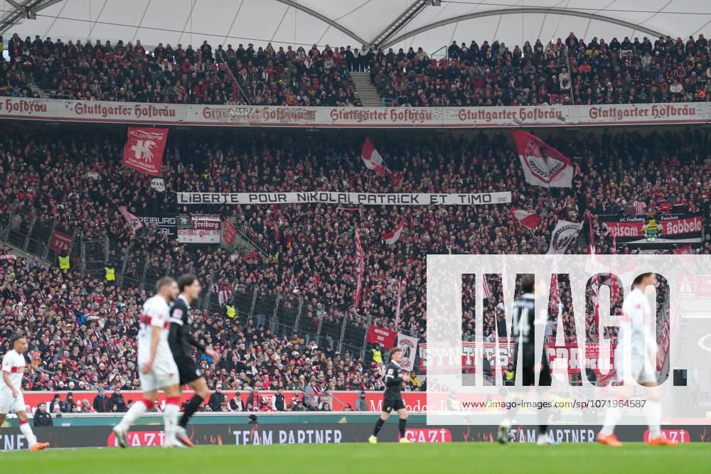 Spruchband der Fans und Ultras auf der Tribüne, Banner für die in Lille inhaftierten Fans , Deutschland, Fussball, 1. Bundesliga, 20.Spieltag, 2025 2026, VfB Stuttgart vs. SC Freiburg, 01.02.2026, MHP Arena, Stuttgart, Deutschland DFL REGULATIONS PROHIBIT ANY USE OF PHOTOGRAPHS AS IMAGE SEQUENCES AND OR QUASI-VIDEO. Stuttgart MHP Arena Baden-Württemberg Deutschland