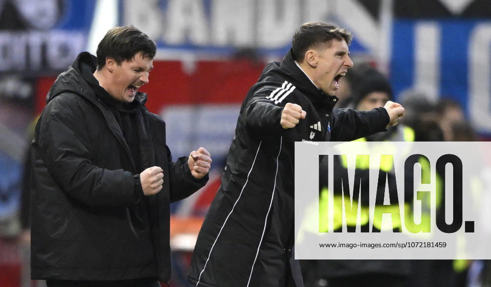 Trainer Coach Merlin Polzin Hamburger SV HSV am Spielfeldrand Gestik Geste Schlussjubel, Freude, Glueck, Jubel mit Co-Trainer Coach Loic Fave Hamburger SV HSV 1. FC Heidenheim 1846 FCH vs Hamburger SV HSV 07.02.2026 DFL REGULATIONS PROHIBIT ANY USE OF PHOTOGRAPHS AS IMAGE SEQUENCES AND OR QUASI-VIDEO 1. FC Heidenheim 1846 FCH vs Hamburger SV HSV