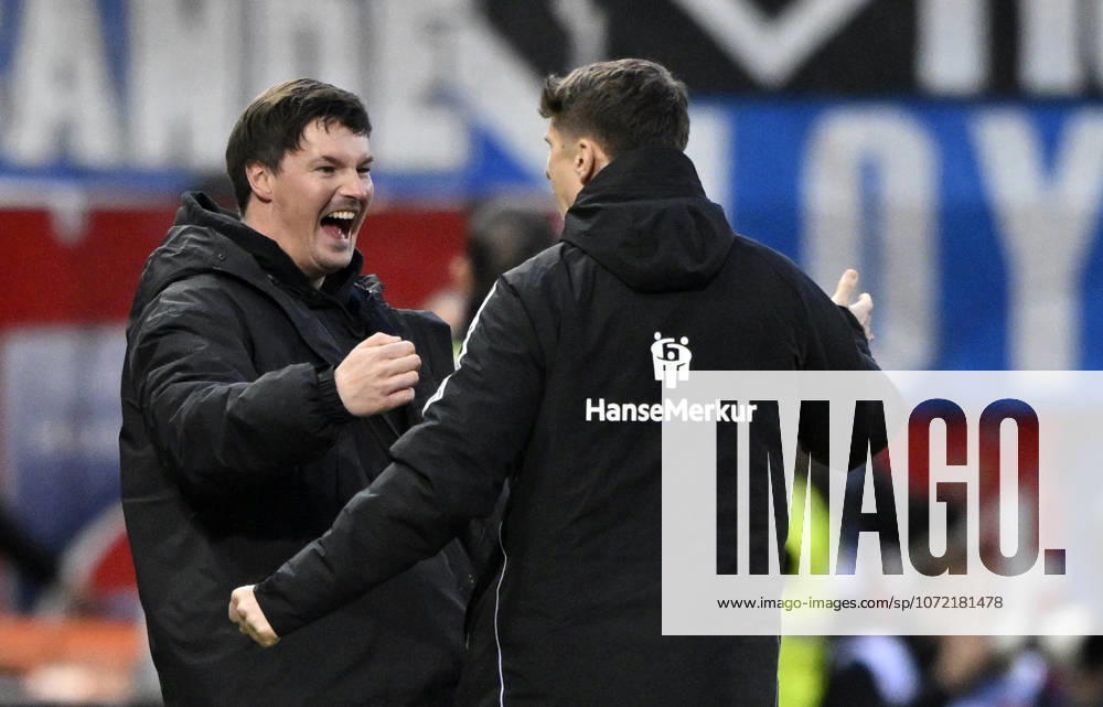 Trainer Coach Merlin Polzin Hamburger SV HSV am Spielfeldrand Gestik Geste Schlussjubel, Freude, Glueck, Jubel mit Co-Trainer Coach Loic Fave Hamburger SV HSV 1. FC Heidenheim 1846 FCH vs Hamburger SV HSV 07.02.2026 DFL REGULATIONS PROHIBIT ANY USE OF PHOTOGRAPHS AS IMAGE SEQUENCES AND OR QUASI-VIDEO 1. FC Heidenheim 1846 FCH vs Hamburger SV HSV