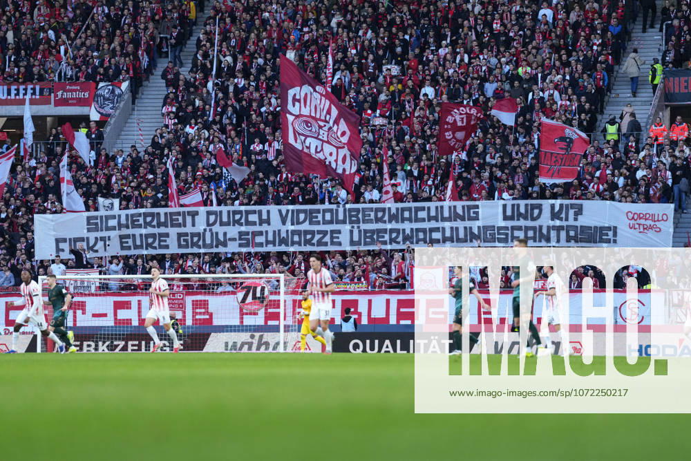Spruchband der Fans und Ultras auf der Tribüne, Banner, Videoüberwachung und KI , Deutschland, Fussball, 1. Bundesliga, 21.Spieltag, 2025 2026, SC Freiburg vs. SV Werder Bremen, 07.02.2026, Europa-Park Stadion, Freiburg, Deutschland DFL REGULATIONS PROHIBIT ANY USE OF PHOTOGRAPHS AS IMAGE SEQUENCES AND OR QUASI-VIDEO. Freiburg Europa-Park Stadion Baden-Württemberg Deutschland