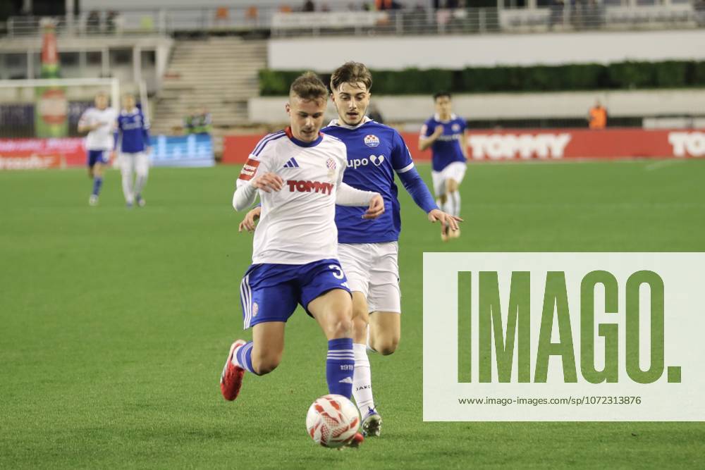 SuperSport HNL, round 18: HNK Hajduk Split v NK Slaven Belupo Simun Hrgovic of HNK Hajduk Split and Filip Kruselj of NK Slaven Belupo during the SuperSport HNL 2025. 2026. round 21 match between HNK Hajduk Split and NK Slaven Belupo at Poljud Stadium in Split, Croatia on February 7, 2026. IvoxCagalj PIXSELL