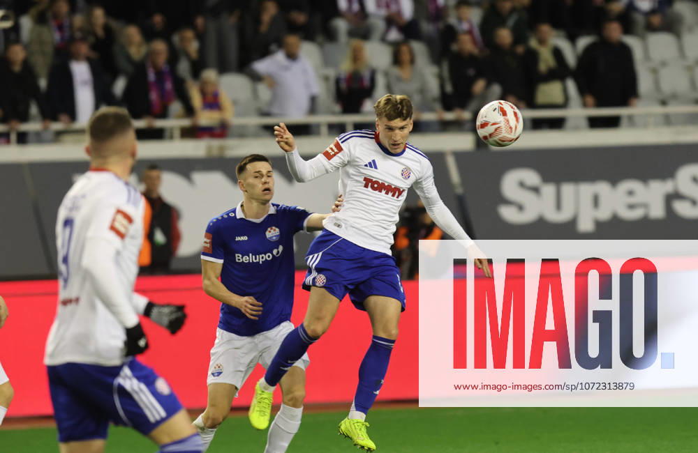 SuperSport HNL, round 18: HNK Hajduk Split v NK Slaven Belupo Antonio Jakir of NK Slaven Belupo and Roko Brajkovic of HNK Hajduk Split during the SuperSport HNL 2025. 2026. round 21 match between HNK Hajduk Split and NK Slaven Belupo at Poljud Stadium in Split, Croatia on February 7, 2026. IvoxCagalj PIXSELL