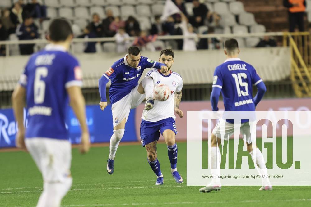 SuperSport HNL, round 18: HNK Hajduk Split v NK Slaven Belupo Ilija Nestorovski of NK Slaven Belupo and Zvonimir Sarlija of HNK Hajduk Split during the SuperSport HNL 2025. 2026. round 21 match between HNK Hajduk Split and NK Slaven Belupo at Poljud Stadium in Split, Croatia on February 7, 2026. IvoxCagalj PIXSELL