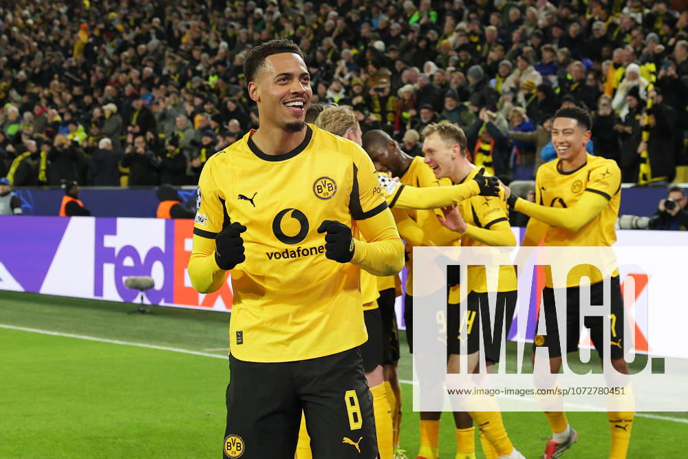 Dortmund, Germany, 17.02.26, Felix Nmecha (Borussia Dortmund) feiertbdas 2:0 durch Maximilian Beier (Borussia Dortmund) während des Spiels der Champions League Playoffs zwischen Borussia Dortmund - Atalanta Bergamo im Signal Iduna Park in Dortmund. (Photo by Joachim Bywaletz) DFB DFL REGULATIONS PROHIBIT ANY USE OF PHOTOGRAPHS AS IMAGE SEQUENCES AND OR QUASI-VIDEO.