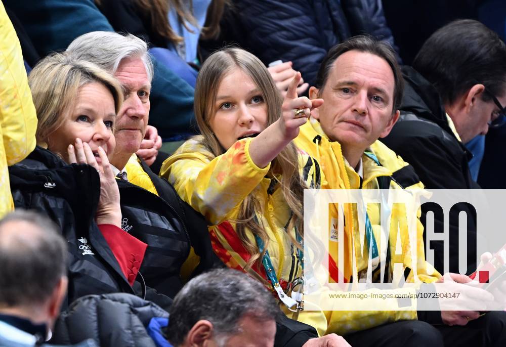 Queen Mathilde of Belgium, King Philippe - Filip of Belgium, Princess Eleonore and BOIC-COIB president Jean-Michel Saive pictured during the quarterfinals of the women s 1500m Short Track Speed skating, Eisschnelllauf at the Milano Cortina 2026 Olympic Winter games, Winterspiele,Spiele, Summer games on Thursday 12 February 2026 in Milan, Italy. The XXV Winter Olympics take place from 6 to 22 February 2026 in Italy. JASPERxJACOBS x164354389x