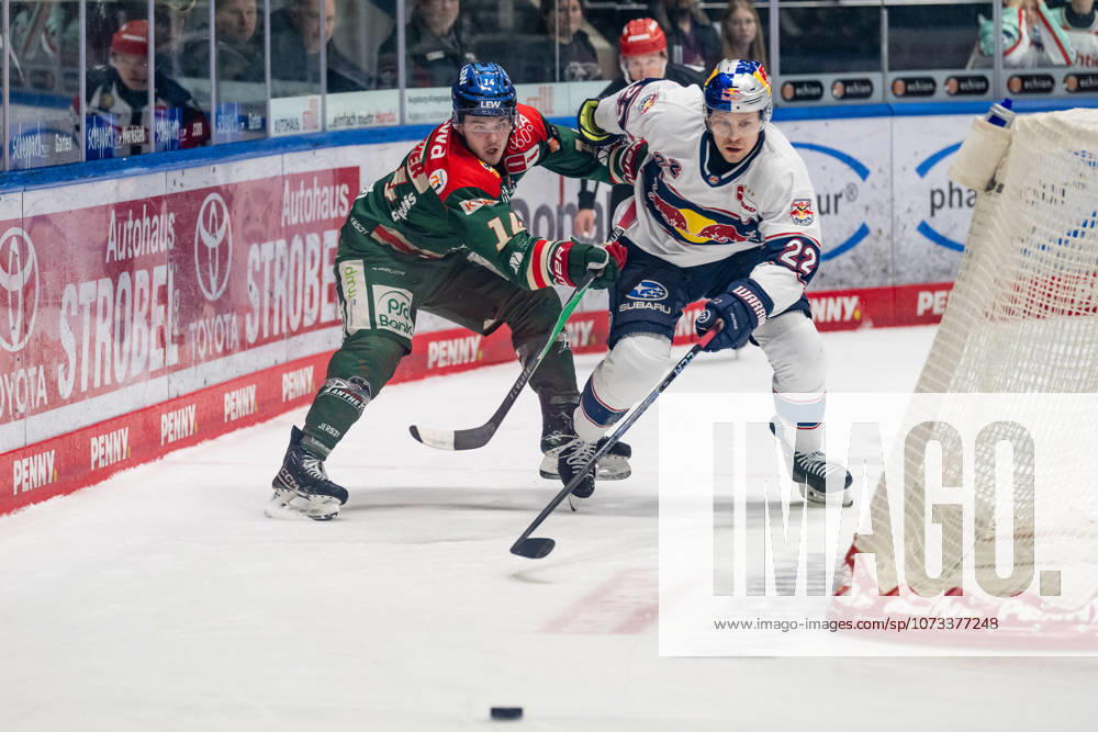 Kampf um den Puck Zweikampf zwischen Donald D.J. Busdeker (Augsburger Panther, 14) und Ville Pokka (EHC Red Bull Muenchen, 22) GER, Augsburger Panther vs. EHC Red Bull Muenchen, Eishockey, DEL, 46. Spieltag, Saison 2025 2026, 27.02.2026. GER, Augsburger Panther vs. EHC Red Bull Muenchen, Eishockey, DEL, 46. Spieltag, Saison 2025 2026, 27.02.2026. Augsburg