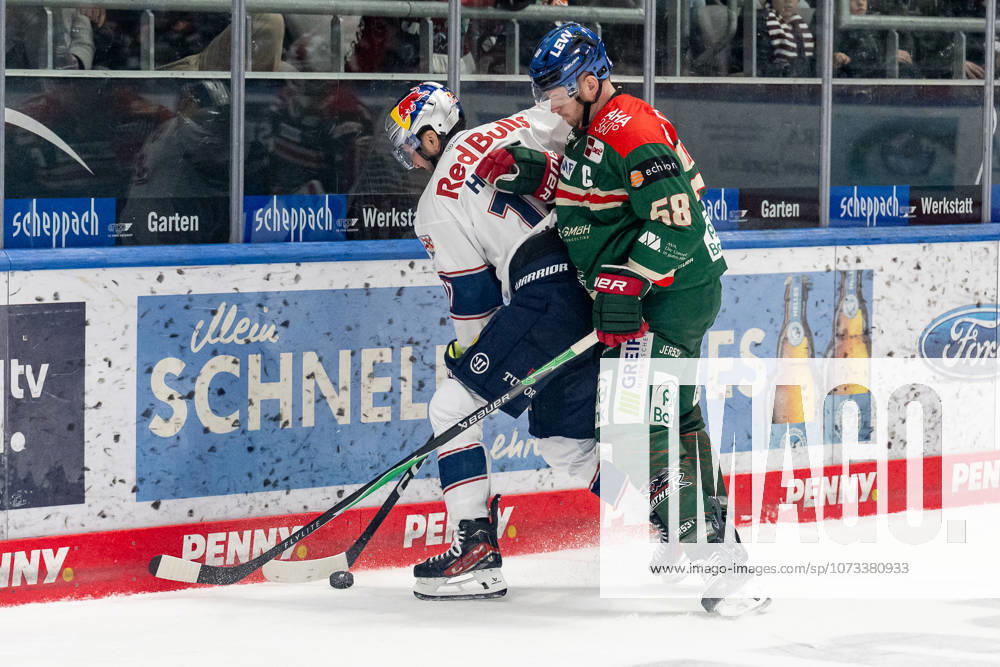 Kampf um den Puck Zweikampf zwischen Taro Hirose (EHC Red Bull Muenchen, 17) und Maximilian Renner (Augsburger Panther, 58) GER, Augsburger Panther vs. EHC Red Bull Muenchen, Eishockey, DEL, 46. Spieltag, Saison 2025 2026, 27.02.2026. GER, Augsburger Panther vs. EHC Red Bull Muenchen, Eishockey, DEL, 46. Spieltag, Saison 2025 2026, 27.02.2026. Augsburg