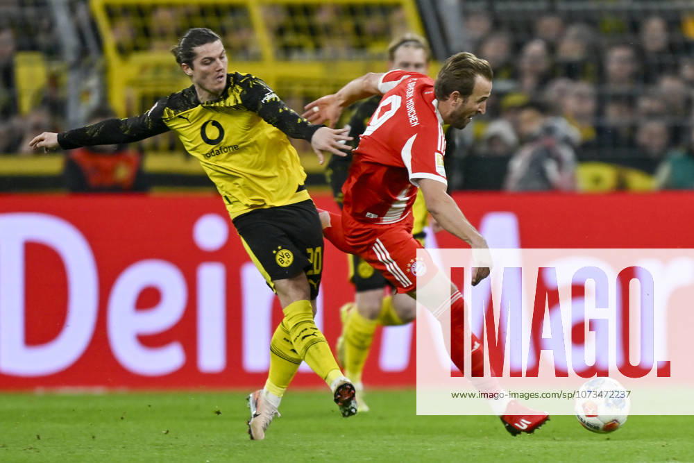 V. li. im Zweikampf Marcel Sabitzer (Dortmund 20) Harry Kane (Muenchen 9) 28.02.2026 ¢ Fussball ¢ Borussia Dortmund vs FC Bayern Muenchen , Signal Iduna Park, Dortmund, DFB DFL REGULATIONS PROHIBIT ANY USE OF PHOTOGRAPHS AS IMAGE SEQUENCES AND OR QUASI-VIDEO