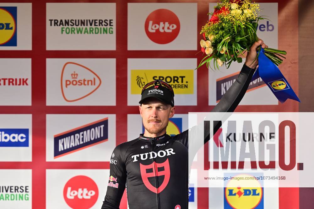 Italy s Matteo Trentin of Tudor Pro Cycling Team celebrates his third place on the podium of the 78th edition of the men elite race of the Kuurne-Brussels-Kuurne one day cycling race, 195 km from Kuurne to Kuurne via Brussels, Sunday 01 March 2026. DIRKxWAEM x166108520x