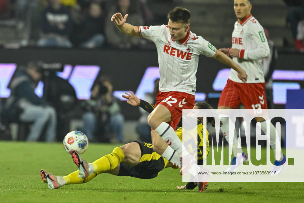 V. li. im Zweikampf Maximilian Beier (Dortmund 14) Kristoffer Lund (Koeln 32) 07.03.2026¢ Fussball ¢ 1. FC Koeln vs Borussia Dortmund , Rheinenergiestadion, Koeln, DFB DFL REGULATIONS PROHIBIT ANY USE OF PHOTOGRAPHS AS IMAGE SEQUENCES AND OR QUASI-VIDEO