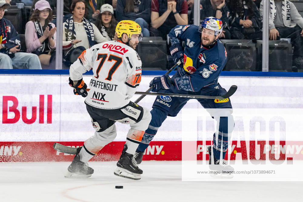 Kampf um den Puck Zweikampf zwischen Daniel Pfaffengut (Loewen Frankfurt, 77) und Konrad Abeltshauser (EHC Red Bull Muenchen, 16) GER, EHC Red Bull Muenchen vs. Loewen Frankfurt, Eishockey, DEL, 50. Spieltag, Saison 2025 2026, 08.03.2026. GER, EHC Red Bull Muenchen vs. Loewen Frankfurt, Eishockey, DEL, 50. Spieltag, Saison 2025 2026, 08.03.2026. Muenchen