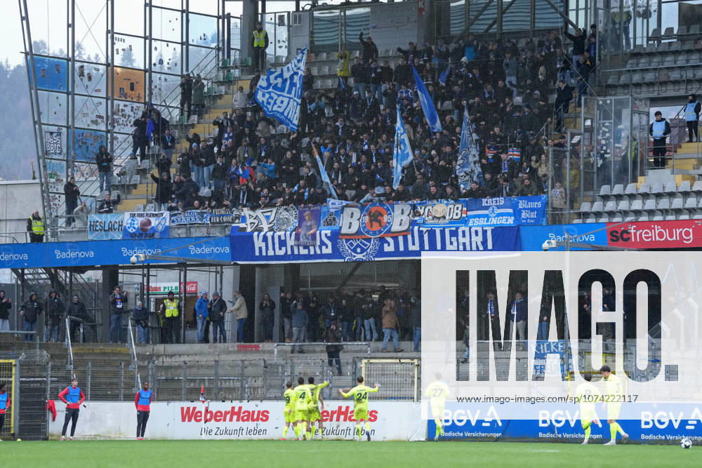 Torjubel, Emotionen, Torschuss, Abschluss, Torerfolg, Treffer vor dem Gästeblock, Fans, Ultras , Deutschland, Fussball, Regionalliga Südwest, 24.Spieltag, 2025 2026, SC Freiburg II vs. SV Stuttgarter Kickers, 14.03.2026, Dreisamstadion, Freiburg, Deutschland DFB REGULATIONS PROHIBIT ANY USE OF PHOTOGRAPHS AS IMAGE SEQUENCES AND OR QUASI-VIDEO. Freiburg Dreisamstadion Baden-Wuerttemberg Deutschland