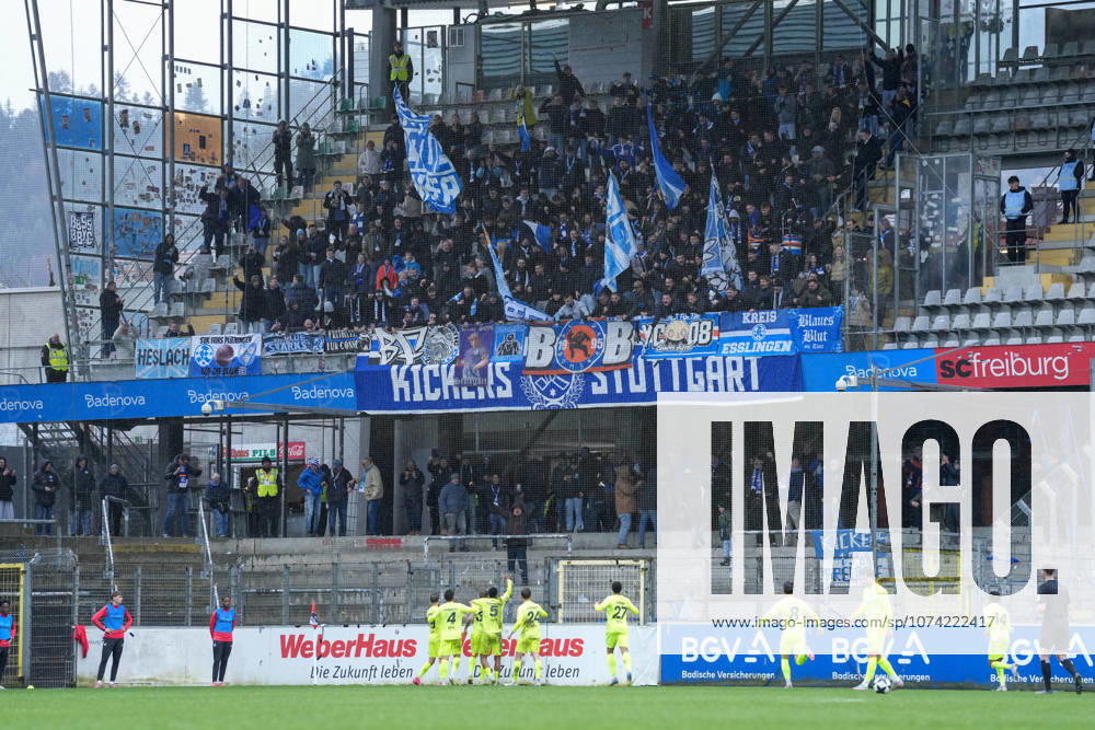 Torjubel, Emotionen, Torschuss, Abschluss, Torerfolg, Treffer vor dem Gästeblock, Fans, Ultras , Deutschland, Fussball, Regionalliga Südwest, 24.Spieltag, 2025 2026, SC Freiburg II vs. SV Stuttgarter Kickers, 14.03.2026, Dreisamstadion, Freiburg, Deutschland DFB REGULATIONS PROHIBIT ANY USE OF PHOTOGRAPHS AS IMAGE SEQUENCES AND OR QUASI-VIDEO. Freiburg Dreisamstadion Baden-Wuerttemberg Deutschland