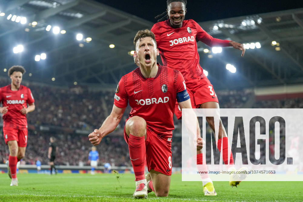 Maximilian Eggestein (SC Freiburg, 08) Torjubel, Emotionen, Torschuss, Abschluss, Torerfolg, Tor, Treffer , Deutschland, Fussball, UEFA Europa League, Achtelfinale, Rückspiel, 2025 2026, SC Freiburg vs. KRC Genk, 19.03.2026, Europa-Park Stadion, Freiburg, Deutschland Freiburg Europa-Park Stadion Baden-Württemberg Deutschland