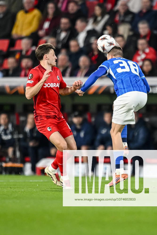 Maximilian Eggestein (SC Freiburg) and Daan Heymans (KRC Genk) battle for the ball during the UEFA Europa League 2025 26 Round of 16 Second Leg match between SC Freiburg and KRC Genk at Stadion am Wolfswinkel on March 19, 2026 in Freiburg im Breisgau, Germany. (Photo by Harry Langer DeFodi Images) -