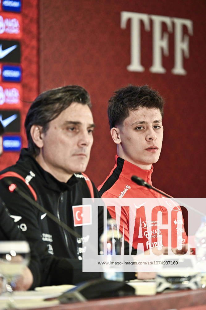 Ahead of Turkiye v Romania - FIFA World Cup, WM, Weltmeisterschaft, Fussball European Qualifiers ISTANBUL, TURKIYE - MARCH 25: Arda Guler (R) and Head Coach Vincenzo Montella (L) of Turkiye speaks during a press conference, PK, Pressekonferenz ahead of the 2026 FIFA World Cup European Qualifiers playoff round against Romania at Hasan Dogan National Teams Training and Education Facilities in Istanbul, Turkiye on March 25, 2026. Muhammed Enes Yildirim Anadolu Istanbul Turkey. Editorial use only. Please get in touch for any other usage.