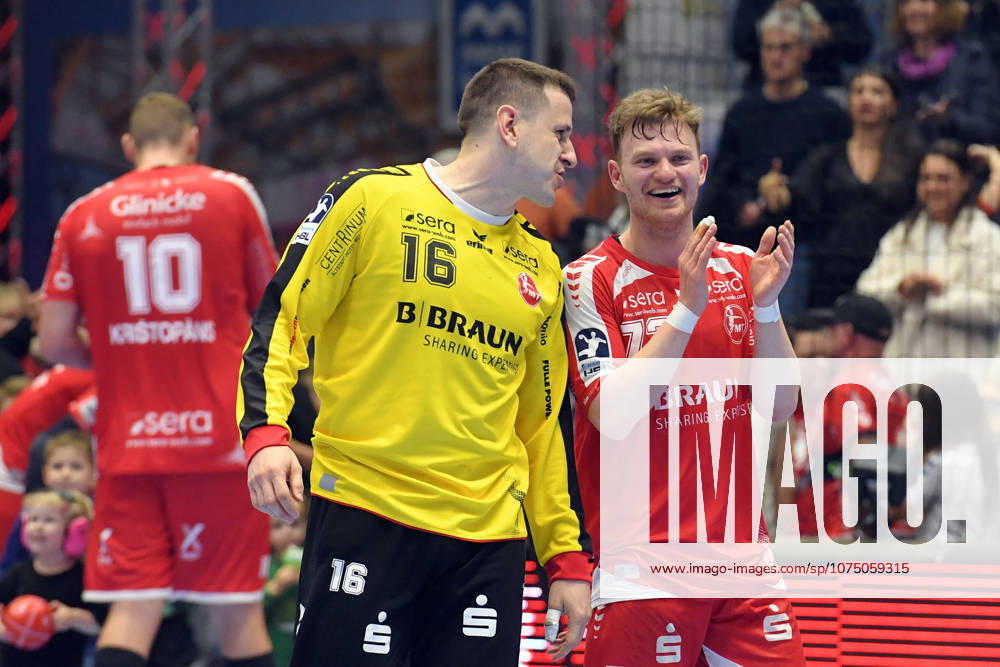 Jubel, Freude nach dem Sieg; Nebojsa Simic (Torwart MT Melsungen 16) und Timo Kastening (MT Melsungen 73) (R) , GER, MT Melsungen - THW Kiel, Handball, 1. Bundesliga, 26. Spieltag, Saison 2025 2026, 27.03.2026, GER, MT Melsungen - THW Kiel, Handball, 1. Bundesliga, 26. Spieltag, Saison 2025 2026, 27.03.2026 Kassel