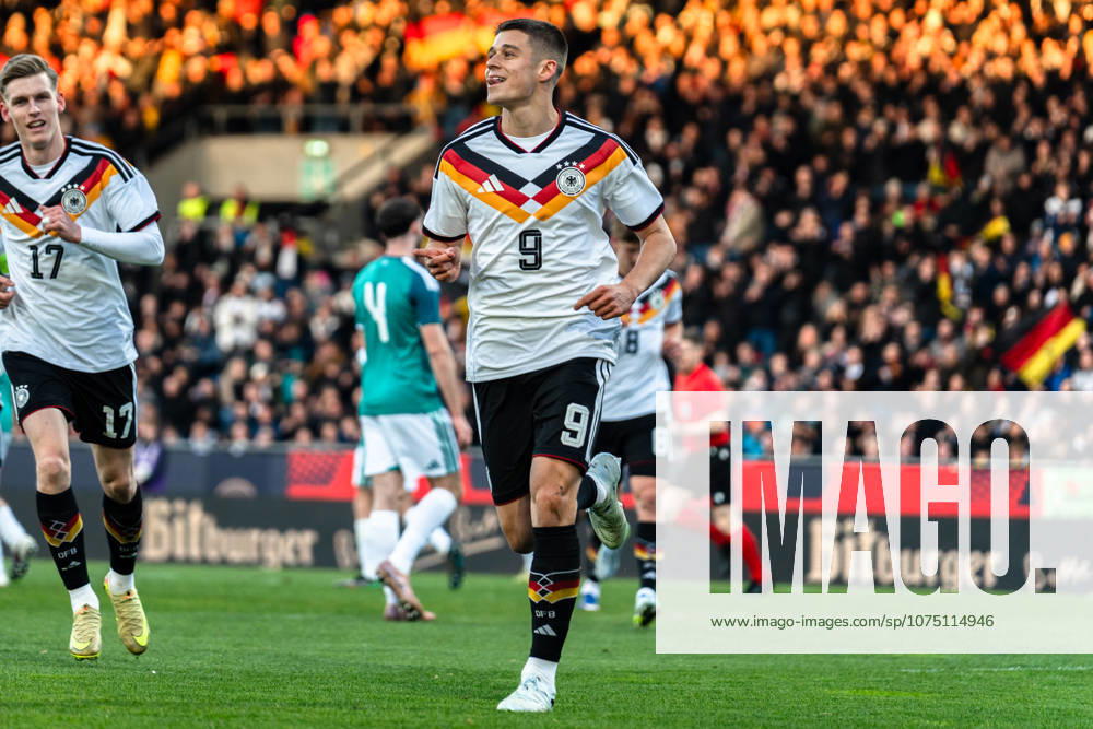 Deutschland: U21, U 21 EM-Qualifikation 2025 2026, Deutschland U21 vs. Nordirland U21, Freitag 27.03.2026, Eintracht Stadion Braunschweig DFB U21 Nationalmannschaft Tor zum 1:0 durch Nicolò Tresoldi Elfmeter Jubel Freude Emotionen Torjubel
