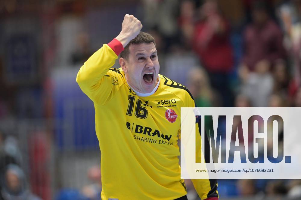 Jubel bei Nebojsa Simic (Torwart MT Melsungen 16) , GER, MT Melsungen - Fredericia HK (DEN), Handball, EHF European League Maenner, Play-Offs, Saison 2025 2026, 07.04.2026, GER, MT Melsungen - Fredericia HK, Handball, EHF Maenner, Play-Off, Saison 2025 2026, 07.04.2026 Kassel