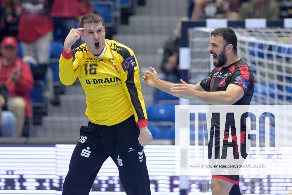 Jubel bei Nebojsa Simic (Torwart MT Melsungen 16) und Mohamed Amine Darmoul (MT Melsungen 71) (R) , GER, MT Melsungen - Fredericia HK (DEN), Handball, EHF European League Maenner, Play-Offs, Saison 2025 2026, 07.04.2026, GER, MT Melsungen - Fredericia HK, Handball, EHF Maenner, Play-Off, Saison 2025 2026, 07.04.2026 Kassel