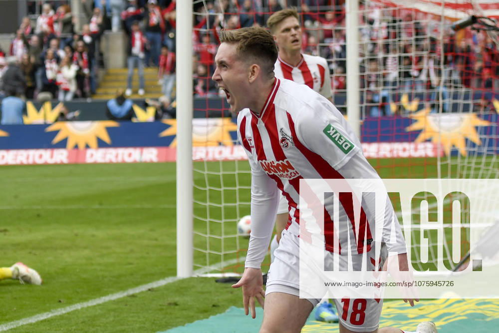 Isak Johannesson (Koeln 18) jubelt nach dem Tor zum 3:1 12.04.2026 ¢ Fussball ¢ 1. FC Koeln vs SV Werder Bremen, Rheinenergiestadion, Koeln, DFB DFL REGULATIONS PROHIBIT ANY USE OF PHOTOGRAPHS AS IMAGE SEQUENCES AND OR QUASI-VIDEO
