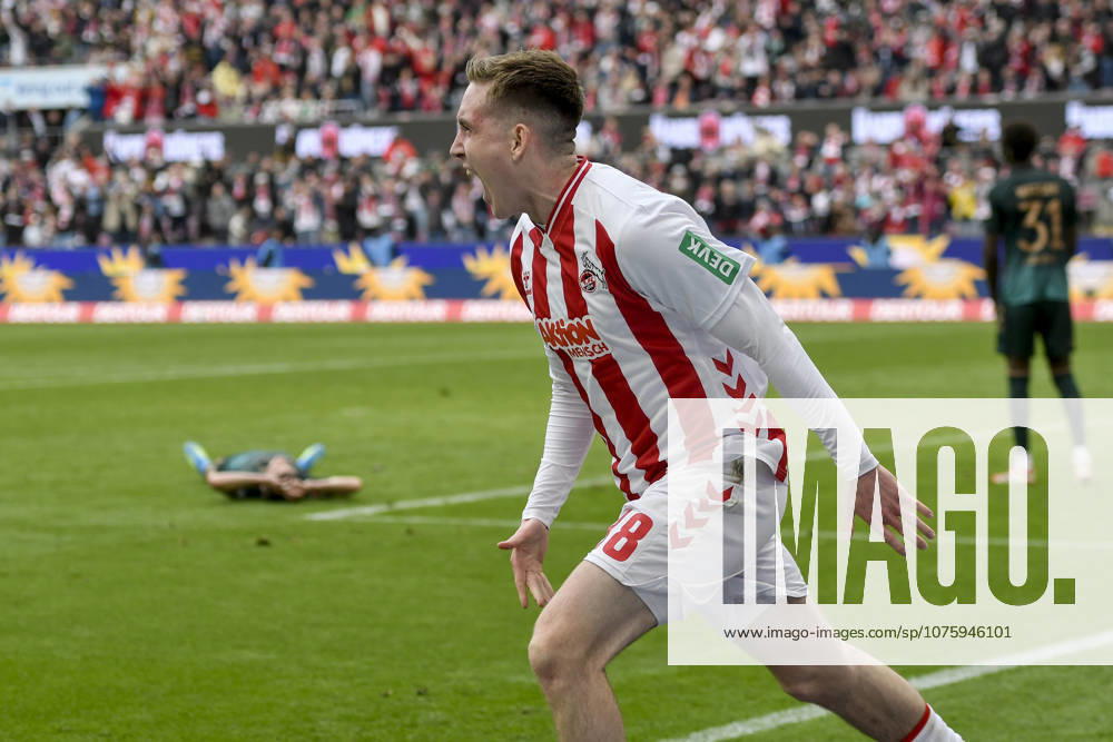 Isak Johannesson (Koeln 18) jubelt nach dem Tor zum 3:1 mit Luca Waldschmidt (Koeln 7) 12.04.2026 ¢ Fussball ¢ 1. FC Koeln vs SV Werder Bremen, Rheinenergiestadion, Koeln, DFB DFL REGULATIONS PROHIBIT ANY USE OF PHOTOGRAPHS AS IMAGE SEQUENCES AND OR QUASI-VIDEO