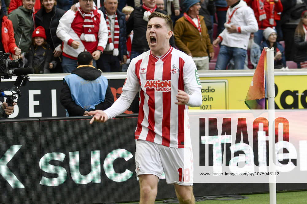 Isak Johannesson (Koeln 18) jubelt nach dem Tor zum 3:1 12.04.2026 ¢ Fussball ¢ 1. FC Koeln vs SV Werder Bremen, Rheinenergiestadion, Koeln, DFB DFL REGULATIONS PROHIBIT ANY USE OF PHOTOGRAPHS AS IMAGE SEQUENCES AND OR QUASI-VIDEO