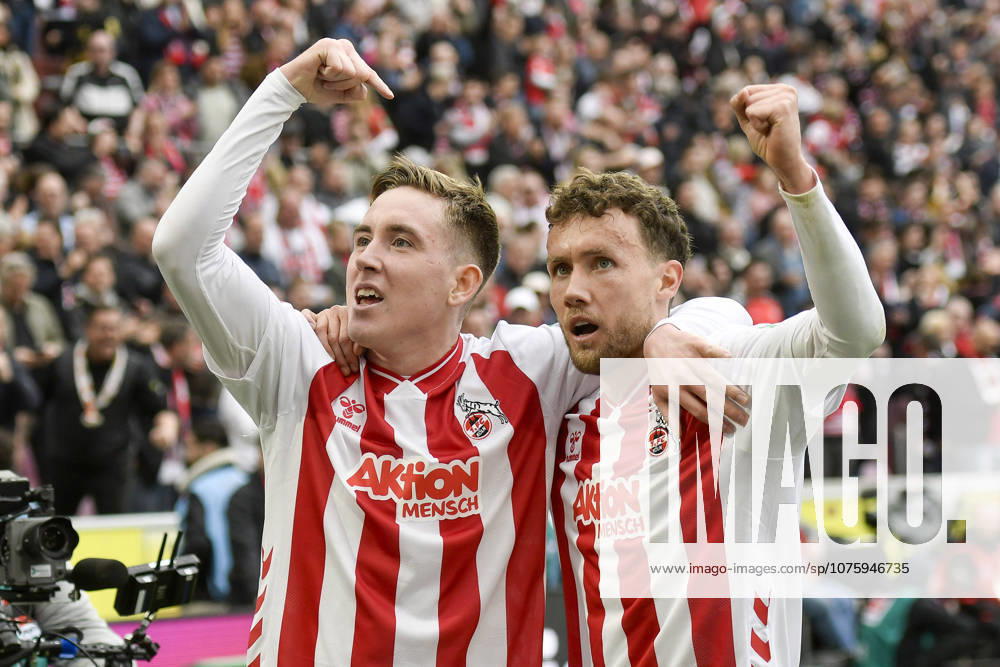 Isak Johannesson (Koeln 18) jubelt nach dem Tor zum 3:1 mit Luca Waldschmidt (Koeln 7) 12.04.2026 ¢ Fussball ¢ 1. FC Koeln vs SV Werder Bremen, Rheinenergiestadion, Koeln, DFB DFL REGULATIONS PROHIBIT ANY USE OF PHOTOGRAPHS AS IMAGE SEQUENCES AND OR QUASI-VIDEO