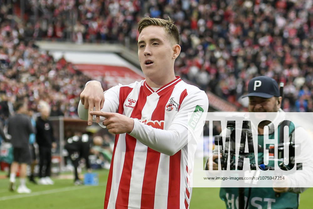 Isak Johannesson (Koeln 18) jubelt nach dem Tor zum 3:1 mit Geste 12.04.2026 ¢ Fussball ¢ 1. FC Koeln vs SV Werder Bremen, Rheinenergiestadion, Koeln, DFB DFL REGULATIONS PROHIBIT ANY USE OF PHOTOGRAPHS AS IMAGE SEQUENCES AND OR QUASI-VIDEO