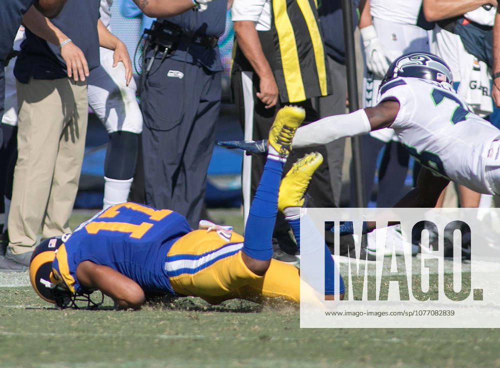 Los Angeles, California, U.S - 17 Robert Woods, WR, of the Los Angeles Rams makes a catch during their Game against the Seattle Seahawks on Sunday October 8, 2017 at the Los Angeles Coliseum in Los Angeles, California. Rams lose to Seahawks, 16-10.
