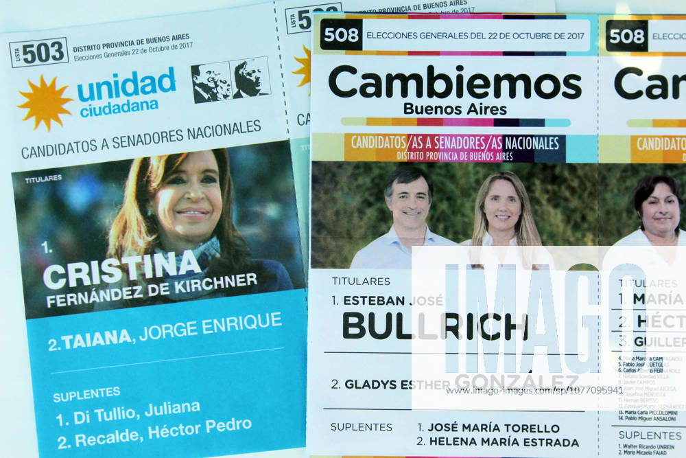 Buenos Aires, Buenos Aires, Argentina - In October 22, voters head to the polls for midterm elections, where a third of the Senate and around half the seats in the lower house of congress are in play. The elections will take place during the presidency of Mauricio Macri whose Cambiemos coalition also controls the city of Buenos Aires and Buenos Aires Province. Oposition are divided in two main groups; Unidad Ciudadana, lead by the former president Cristina Ferno¡ndez de Kirchner and 1Pais, lead by Sergio Massa.
