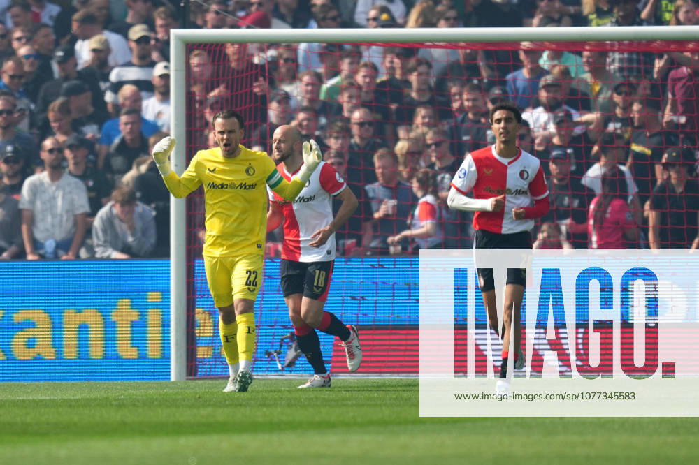Eredivisie: Feyenoord Rotterdam v AZ Alkmaar Rotterdam - Goalkeeper Timon Wellenreuther of Feyenoord Rotterdam, Oussama Targhalline of Feyenoord Rotterdam during the 33rd competition round of the 2025 2026 Eredivisie season. The match is set between Feyenoord Rotterdam and AZ Alkmaar at De Kuip on 10 May 2026 in Rotterdam, The Netherlands.
