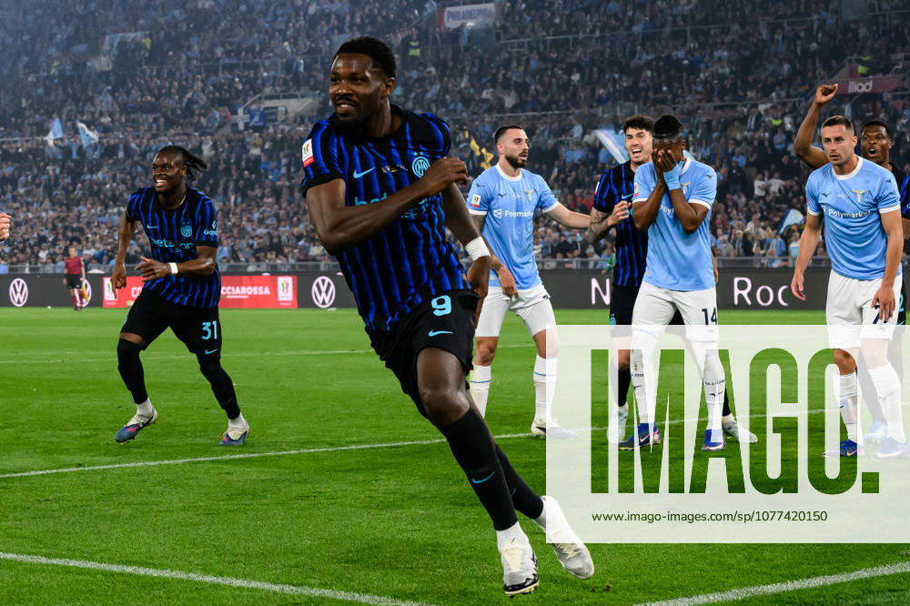 Marcus Thuram of FC Internazionale celebrates after scoring the goal of 0-1 during the 2025 2026 Coppa Italia football final between SS Lazio and FC Internazionale at Stadio Olimpico in Rome (Italy), May 13, 2026. AndreaxStaccioli