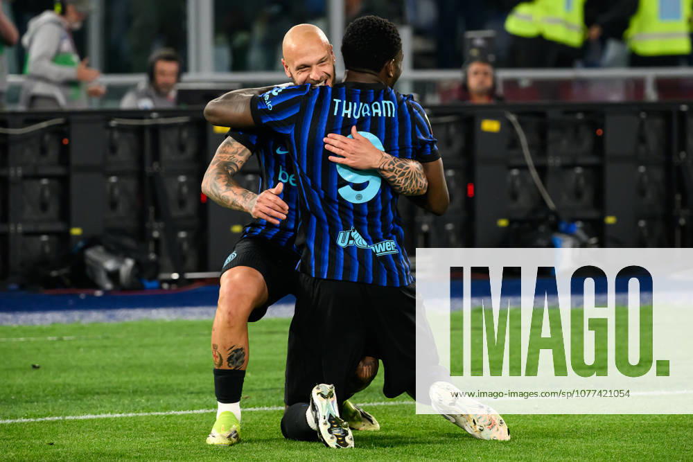 Marcus Thuram of FC Internazionale celebrates with Federico Dimarco after scoring the goal of 0-1 during the 2025 2026 Coppa Italia football final between SS Lazio and FC Internazionale at Stadio Olimpico in Rome (Italy), May 13, 2026. AndreaxStaccioli