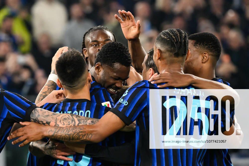 Marcus Thuram of FC Internazionale celebrates with team mates after scoring the goal of 0-1 during the 2025 2026 Coppa Italia football final between SS Lazio and FC Internazionale at Stadio Olimpico in Rome (Italy), May 13, 2026. AndreaxStaccioli