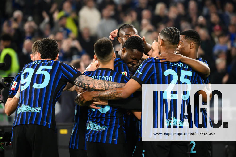Marcus Thuram of FC Internazionale celebrates with team mates after scoring the goal of 0-1 during the 2025 2026 Coppa Italia football final between SS Lazio and FC Internazionale at Stadio Olimpico in Rome (Italy), May 13, 2026. AndreaxStaccioli