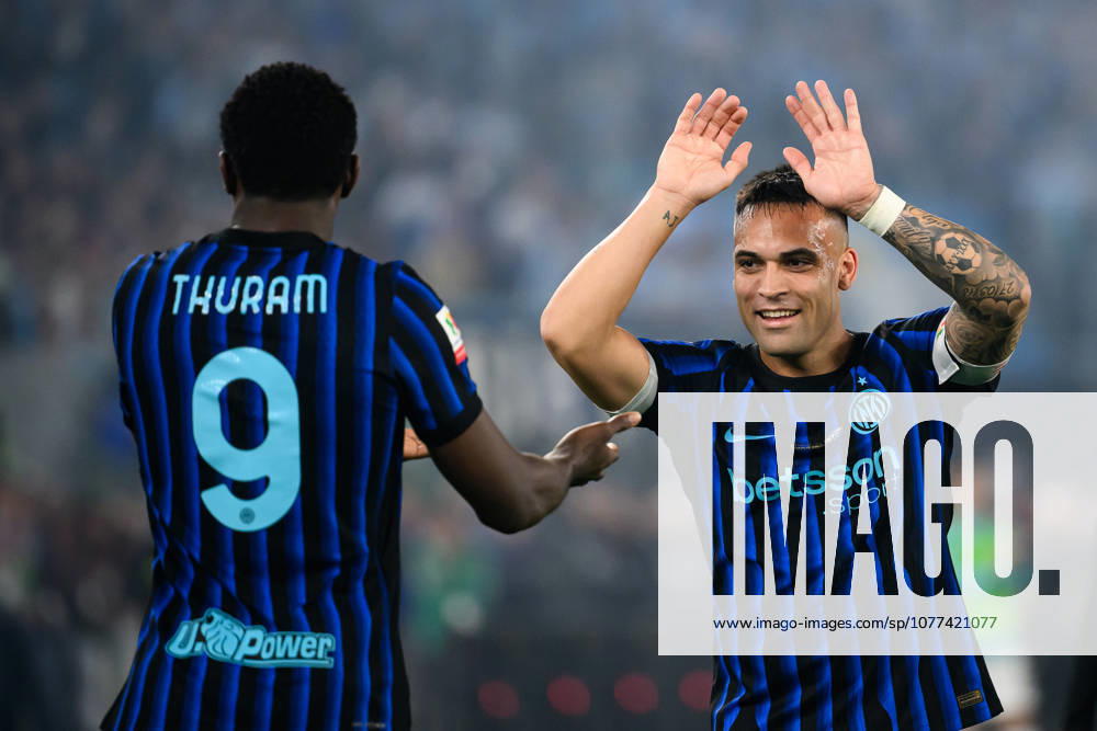 Marcus Thuram of FC Internazionale celebrates with Lautaro Martinez after scoring the goal of 0-1 during the 2025 2026 Coppa Italia football final between SS Lazio and FC Internazionale at Stadio Olimpico in Rome (Italy), May 13, 2026. AndreaxStaccioli