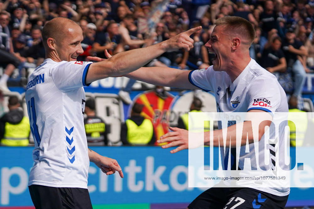 Deutschland: Fußball 2. Liga 2025 2026, 34. Spieltag - SV Darmstadt 98 vs SC Paderborn 07 Merck-Stadion am Böllenfalltor (Darmstadt): Sven Michel (SCP, 11) Tor und Torjubel zum 0:2 für SC Paderborn 07 mit Steffen Tigges (SCP, 27)
