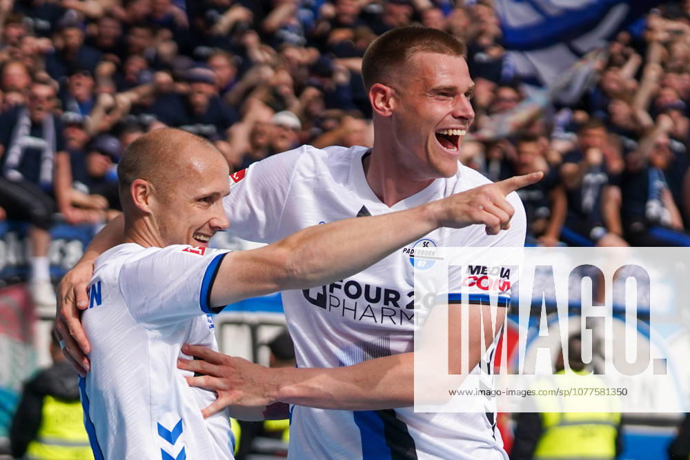 Deutschland: Fußball 2. Liga 2025 2026, 34. Spieltag - SV Darmstadt 98 vs SC Paderborn 07 Merck-Stadion am Böllenfalltor (Darmstadt): Sven Michel (SCP, 11) Tor und Torjubel zum 0:2 für SC Paderborn 07 mit Steffen Tigges (SCP, 27)