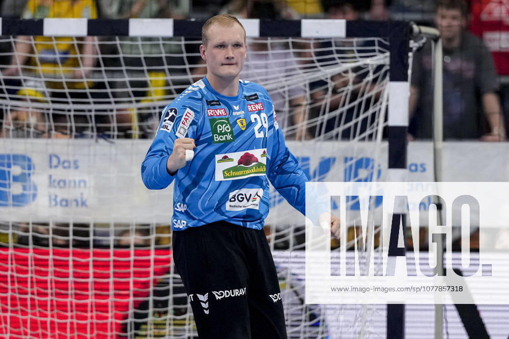 David Späth (Torwart, RNL, 29), Einzelbild, Einzelfoto, Aktion, Action, Jubel, jubeln, jubelt, celebration, Freude, freuen, freut sich, zuversichtlich, optimistisch, positiv, Spielszene, 24.05.2026, Mannheim (Deutschland), Handball, Bundesliga, Rhein-Neckar Löwen - SC Magdeburg