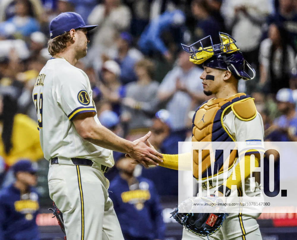 Milwaukee Brewers closing pitcher Trevor Megill (L) celebrates with Milwaukee Brewers catcher William Contreras (R) after the final out in the ninth inning of the MLB, Baseball Herren, USA game between the San Francisco Giants and the Milwaukee Brewers at American Family Field in Milwaukee, Wisconsin on Tuesday, June 2, 2026. The Brewers defeated the Giants 8-3. MIL20260602840 TANNENxMAURY