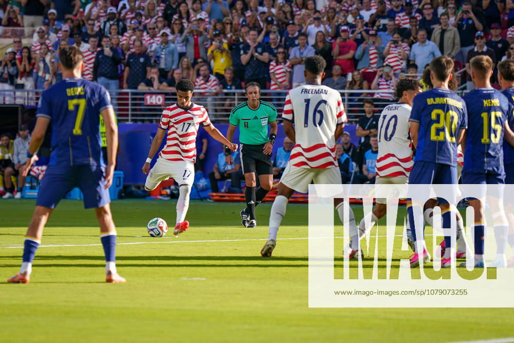 USA: Fußball FIFA World Cup, WM, Weltmeisterschaft, Fussball 2026, Sechzehntelfinale - USA vs Bosnien - Herzegowina im Levis Stadium (Santa Clara, San Francisco Bay Area, Kalifornien): Tor und Torjubel zum 2:0 durch Malik Tillman (USA, 17) Freude, Emotionen, Jubel