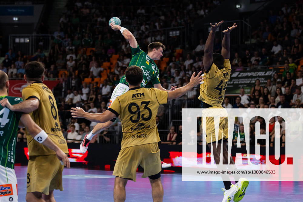 Oskar SUNNEFELDT (FRISCH AUF! Goeppingen, 27) erzielt ein Tor, Aktion, Torwurf GER, FRISCH AUF! Goeppingen vs. Sporting Lissabon, Handball, Testspiel Vorbereitung, Spielzeit 2026 2027, 02.08.2026, GER, FRISCH AUF! Goeppingen vs. Sporting Lissabon, Handball, Testspiel Vorbereitung, Spielzeit 2026 2027, 02.08.2026, Neu-Ulm