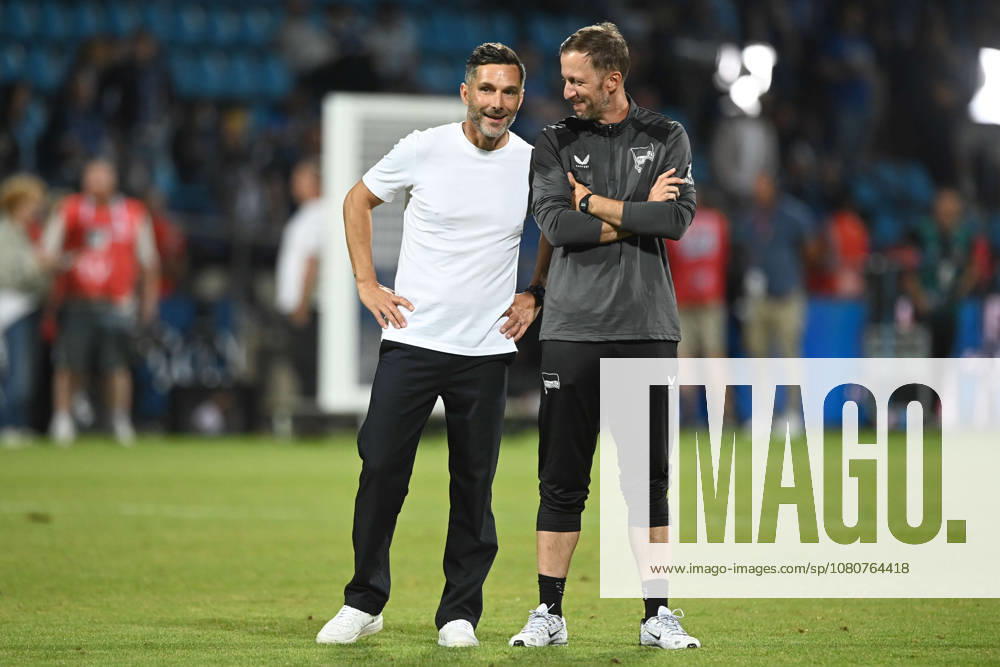 Schlussjubel, Jubel, jubeln, Freude, cheers, Trainer Stefan LEITL (B) und Co-Trainer Andreas SCHUMACHER (B) Fussball 2. Bundesliga, 1. Spieltag, VfL Bochum (BO) - Hertha BSC Berlin (B) 0-1 am 07.08.2026 im Vonovia Ruhrstadion Bochum Deutschland. DFL regulations prohibit any use of photographs as image sequences and or quasi-video Â