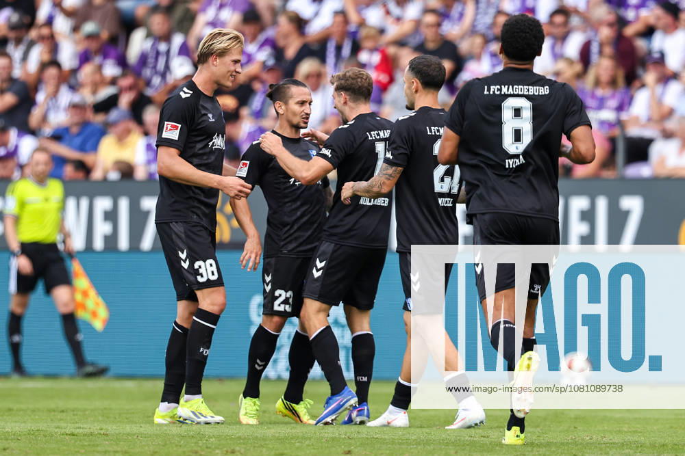 2026.08.15, Fußball, 2. Bundesliga, VfL Osnabrück - 1. FC Magdeburg, Stadion an der Bremer Brücke, 2.Spieltag, Saison 2026 2027: Torjubel von Luka Hyrylaeinen (1. FC Magdeburg 38), Baris Atik (1. FC Magdeburg 23) und dem Torschuetzen Alexander Nollenberger (1. FC Magdeburg 17) bei 0:2 DFB regulations prohibit any use of photographs as image sequences and or quasi-video. Photo: WilkowskixPressefotoKochx Niedersachsen Deutschland