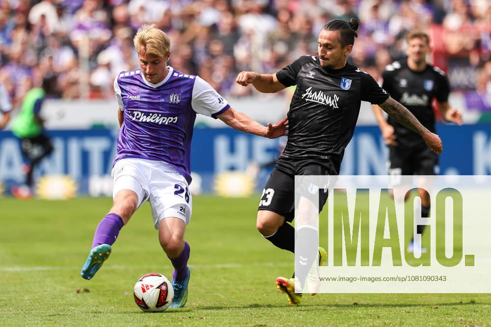 2026.08.15, Fußball, 2. Bundesliga, VfL Osnabrück - 1. FC Magdeburg, Stadion an der Bremer Brücke, 2.Spieltag, Saison 2026 2027: Fridolin Wagner (VfL Osnabrueck 26) im Zweikampf gegen Baris Atik (1. FC Magdeburg 23) DFB regulations prohibit any use of photographs as image sequences and or quasi-video. Photo: WilkowskixPressefotoKochx Niedersachsen Deutschland